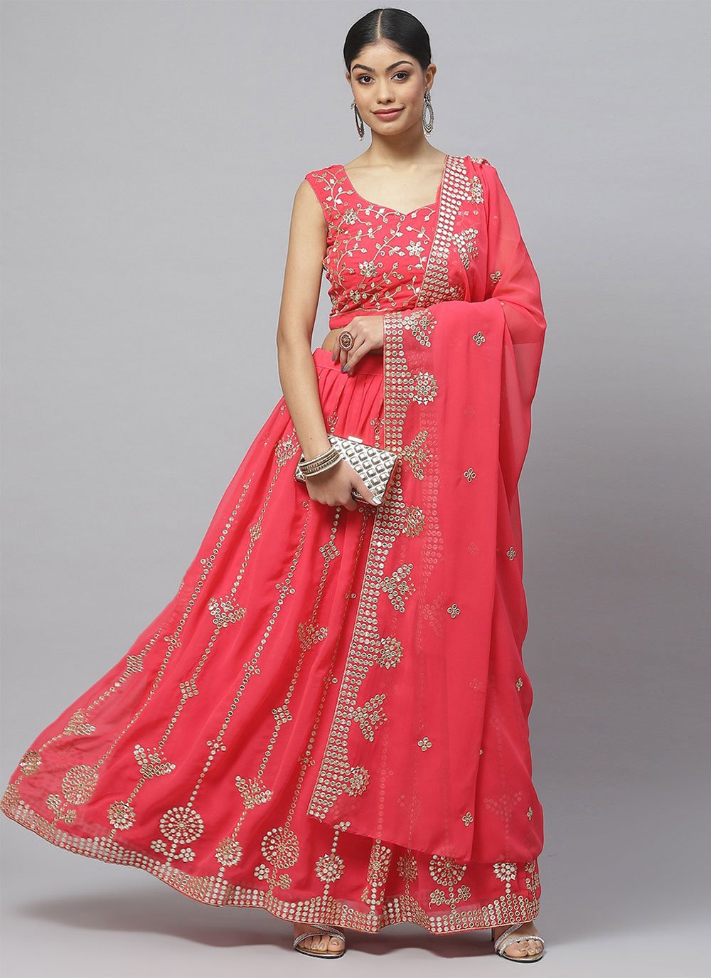 A Line Lehenga Satin Silk Pink Embroidered Lehenga Choli