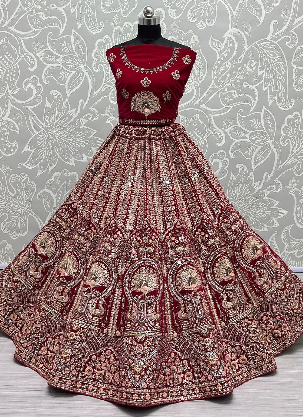 A Line Lehenga Velvet Rani Embroidered Lehenga Choli