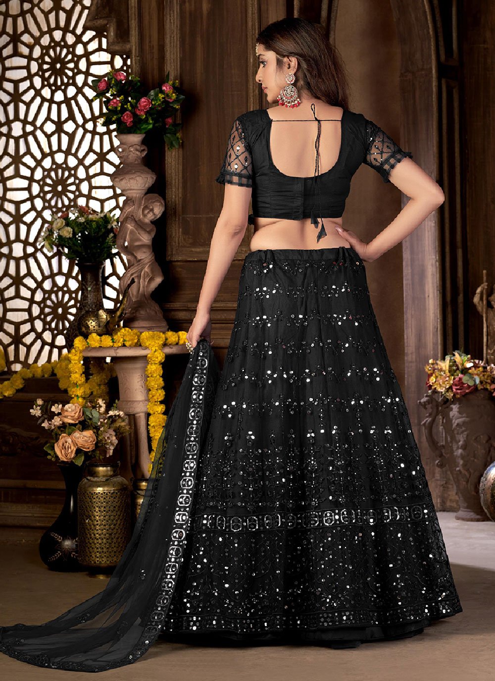 A Line Lehenga Net Black Embroidered Lehenga Choli