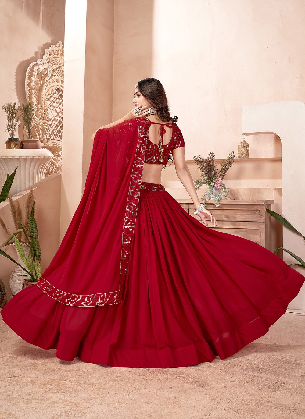 A Line Lehenga Faux Georgette Red Embroidered Lehenga Choli