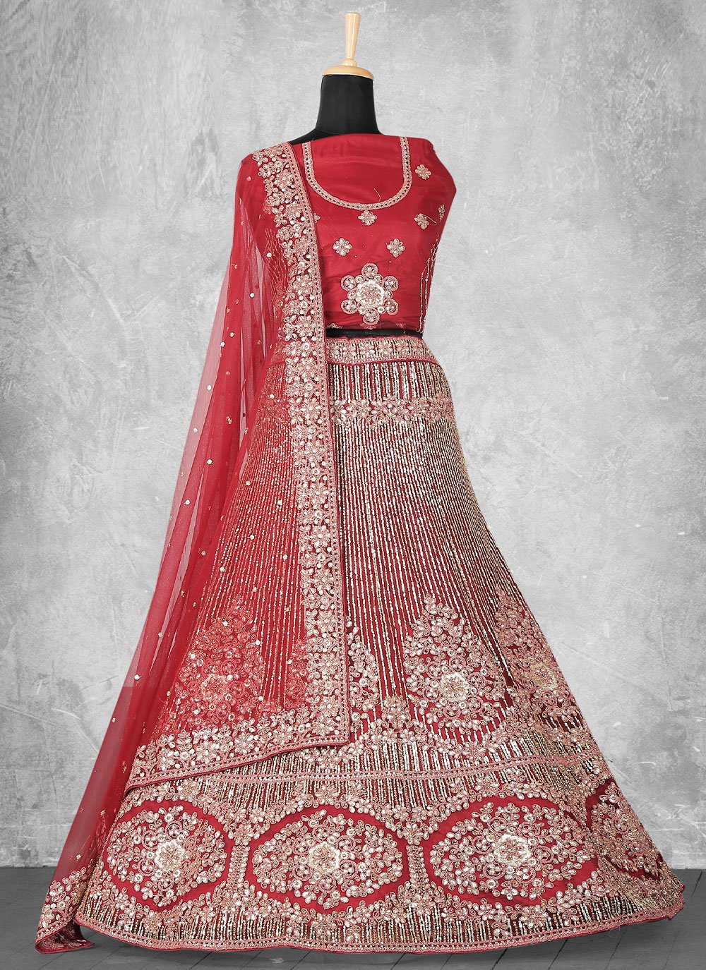 A Line Lehenga Velvet Red Cord Work Lehenga Choli