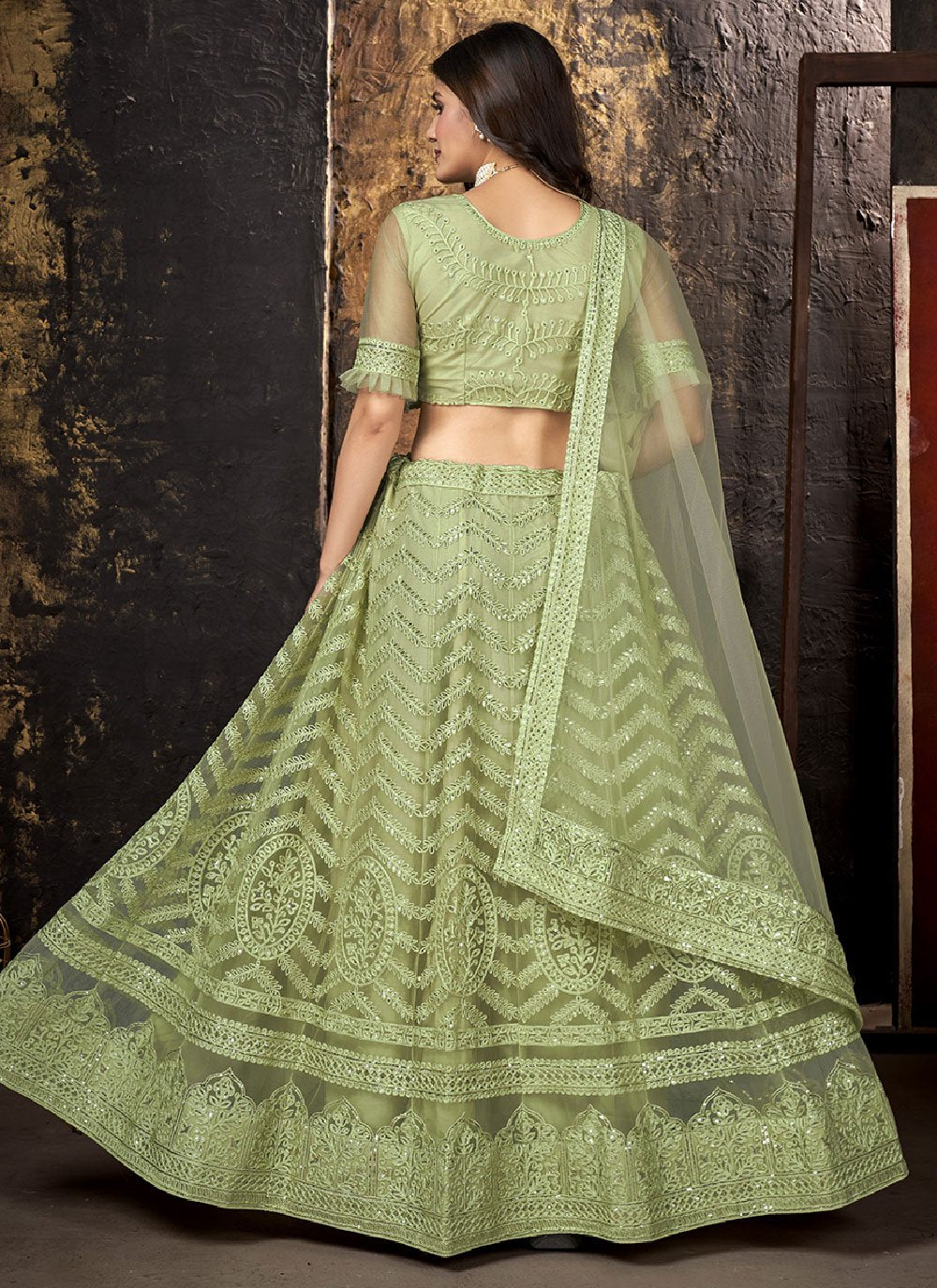 A Line Lehenga Net Green Embroidered Lehenga Choli
