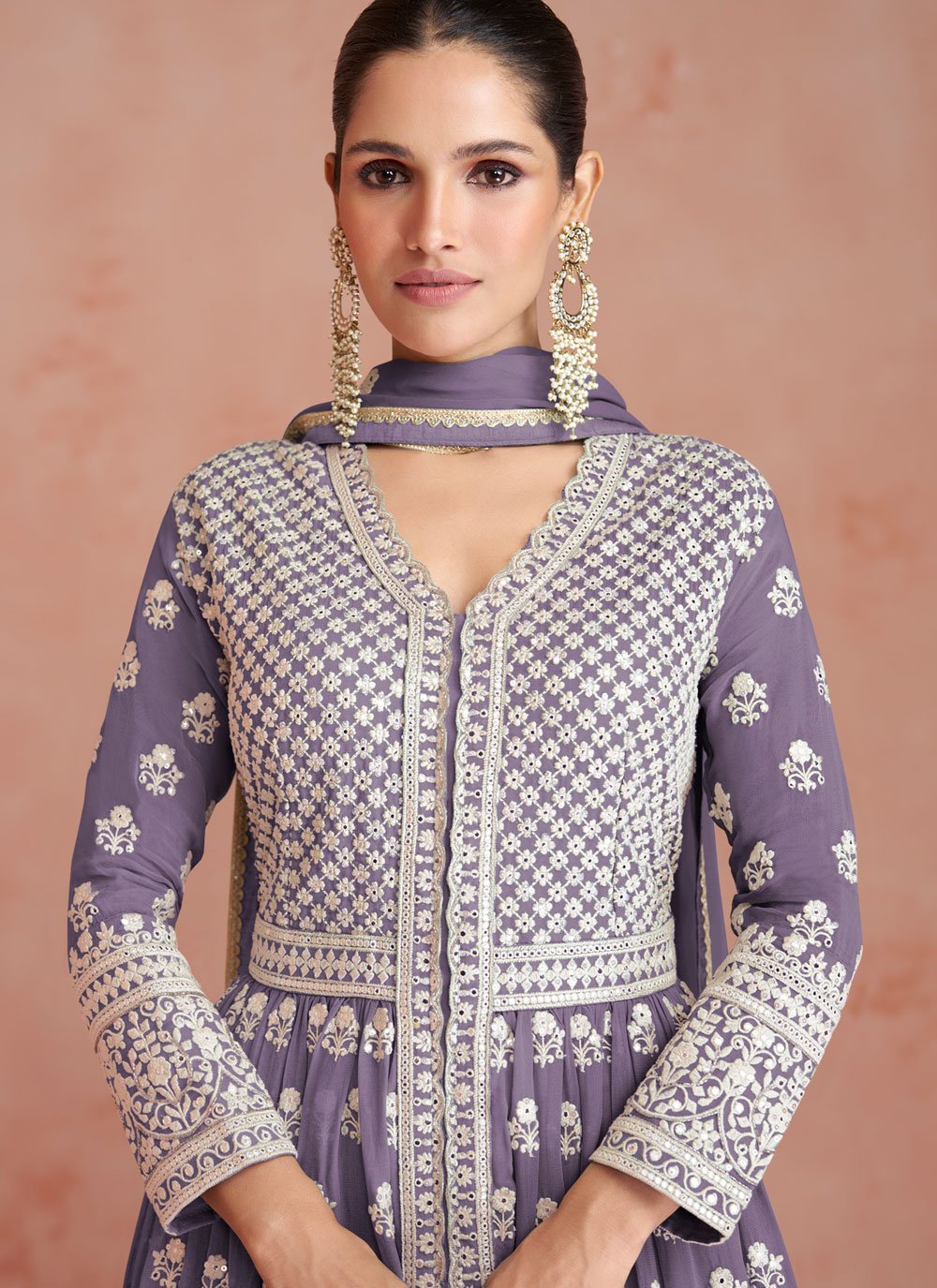 A Line Lehenga Georgette Lavender Embroidered Lehenga Choli