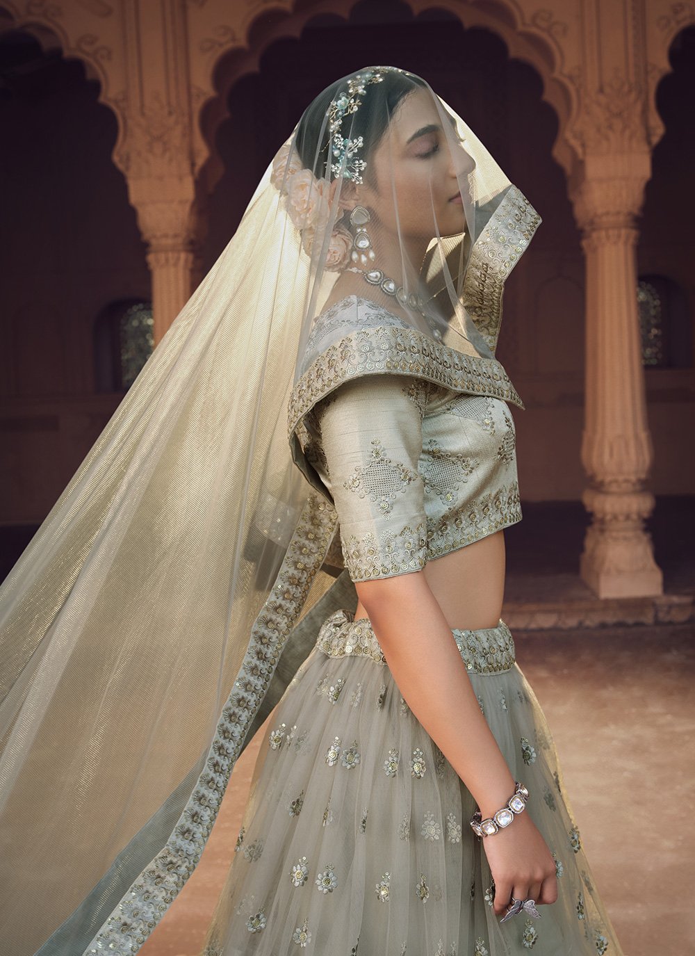 A Line Lehenga Net Grey Embroidered Lehenga Choli