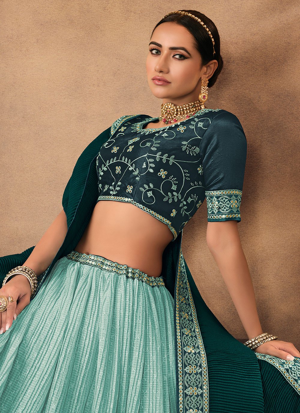 A Line Lehenga Chinon Turquoise Aari Work Lehenga Choli