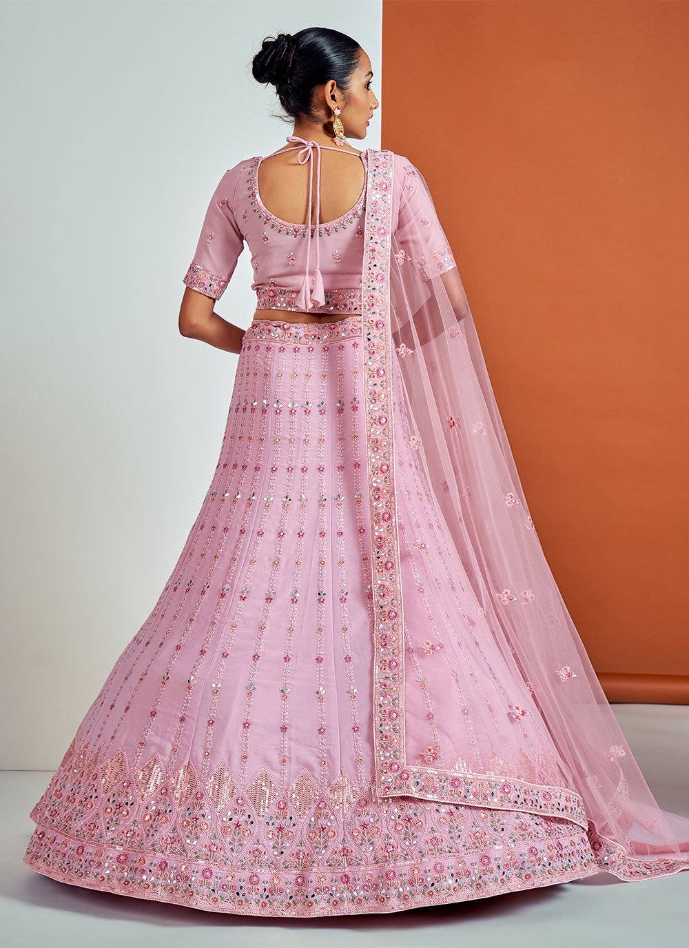Lehenga Choli Georgette Pink Aari Work Lehenga Choli