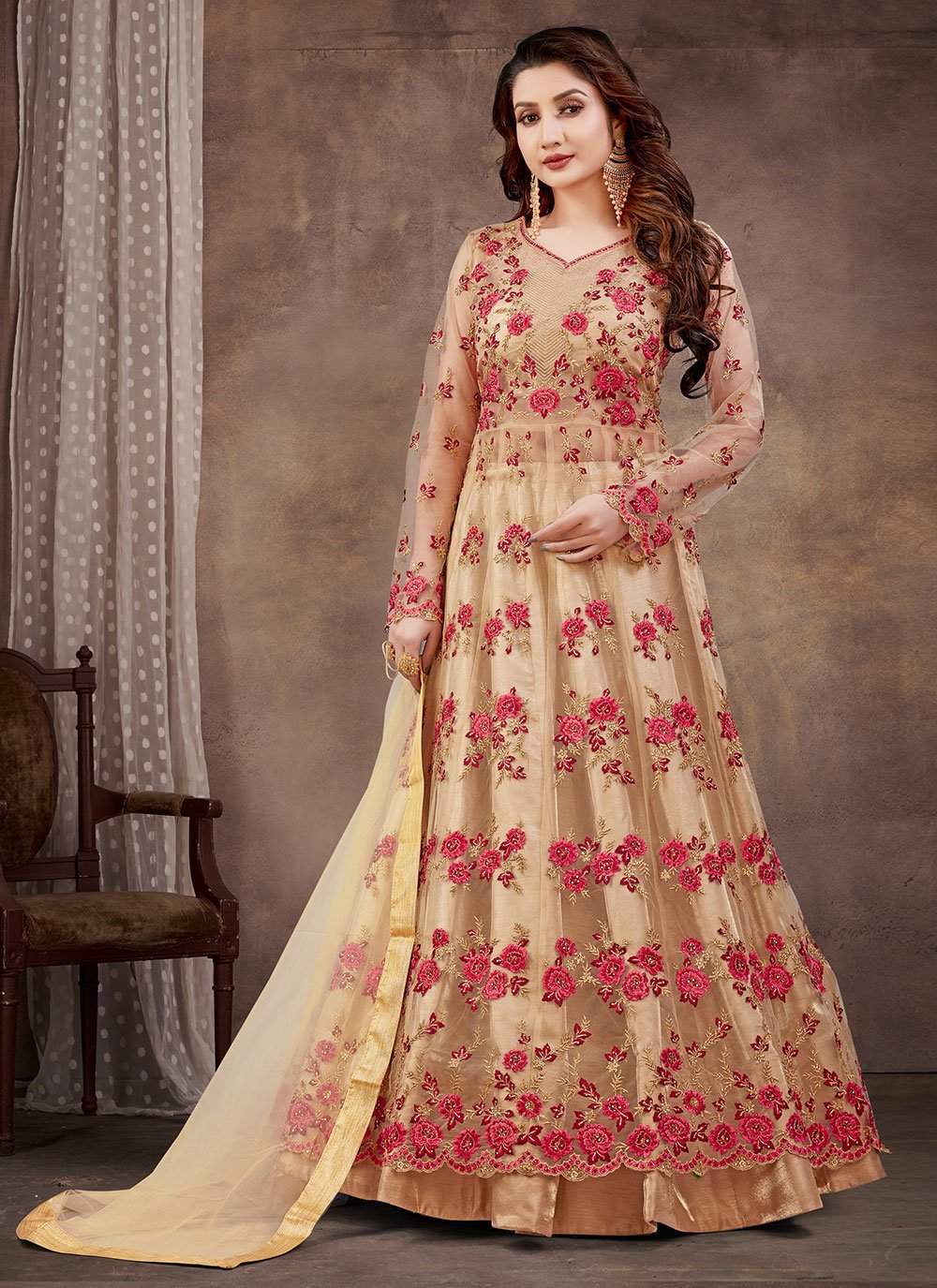 Anarkali Suit Net Gold Embroidered Salwar Kameez