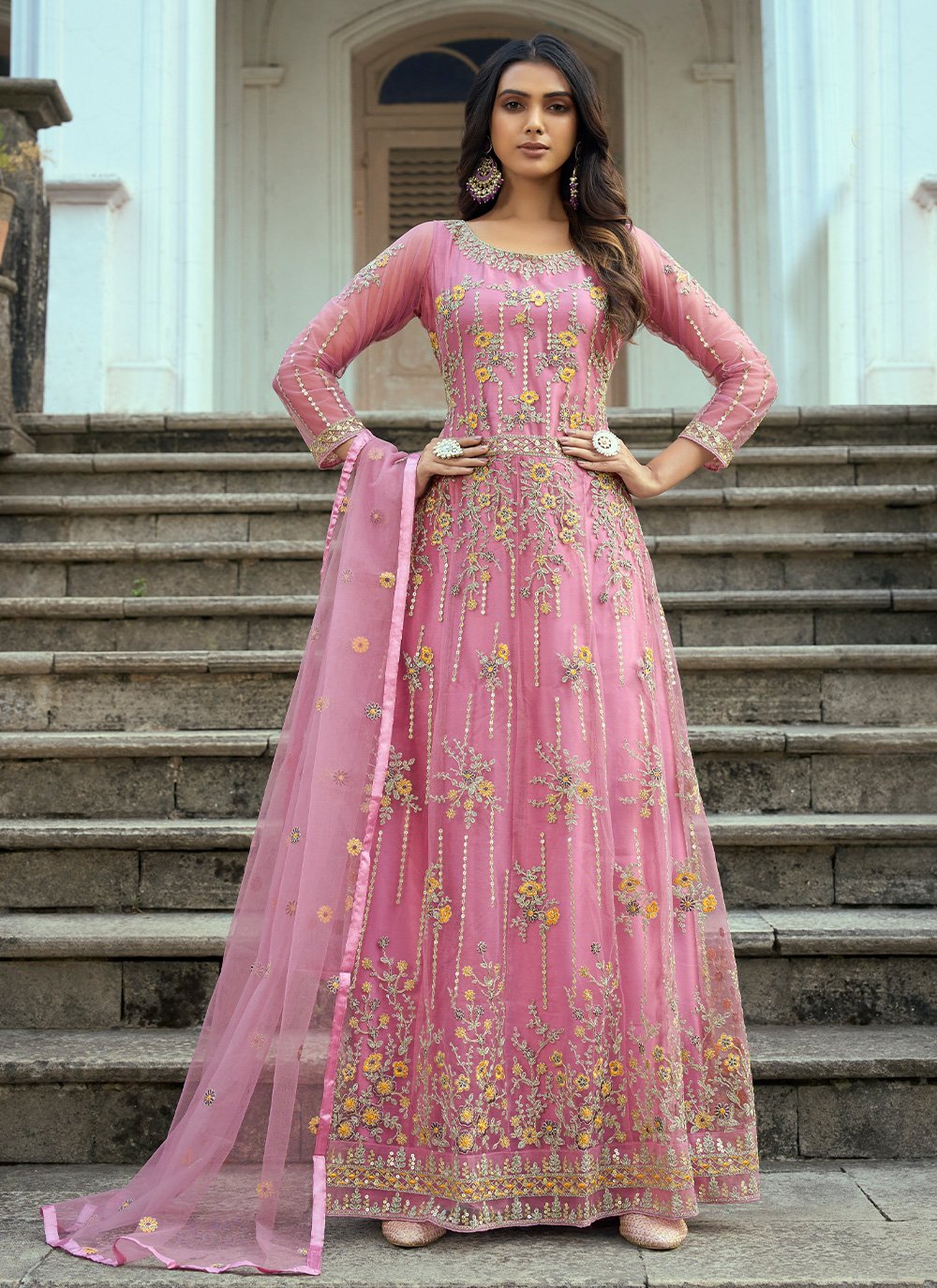 Anarkali Suit Net Pink Embroidered Salwar Kameez