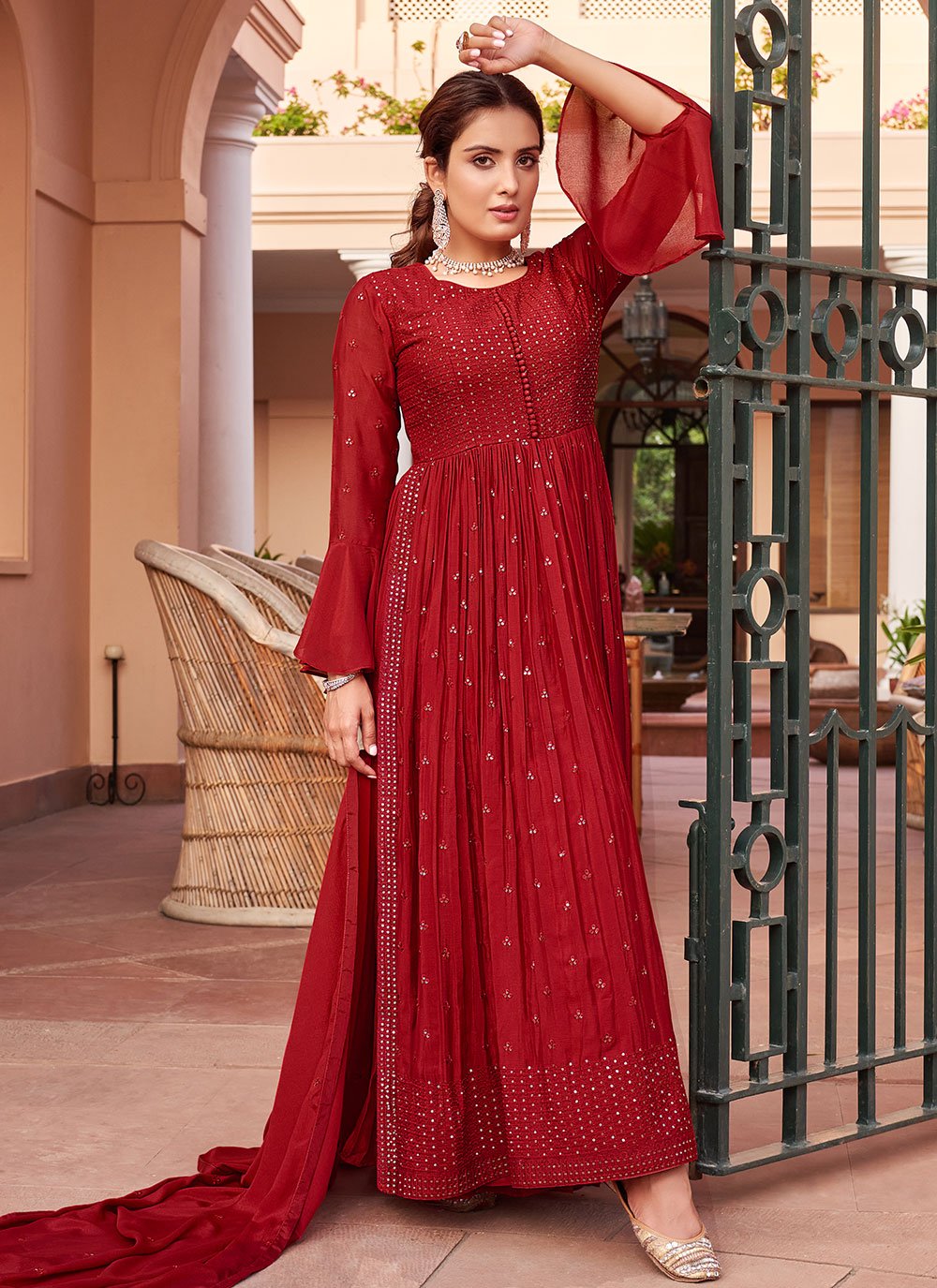 Anarkali Suit Chinon Maroon Embroidered Salwar Kameez