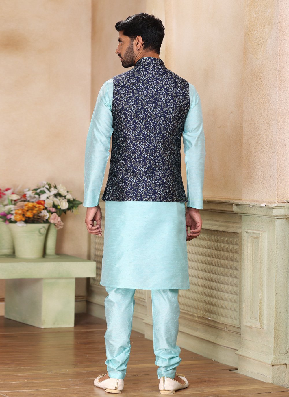 Kurta Payjama With Jacket Jacquard Silk Aqua Blue Blue Fancy Work Mens