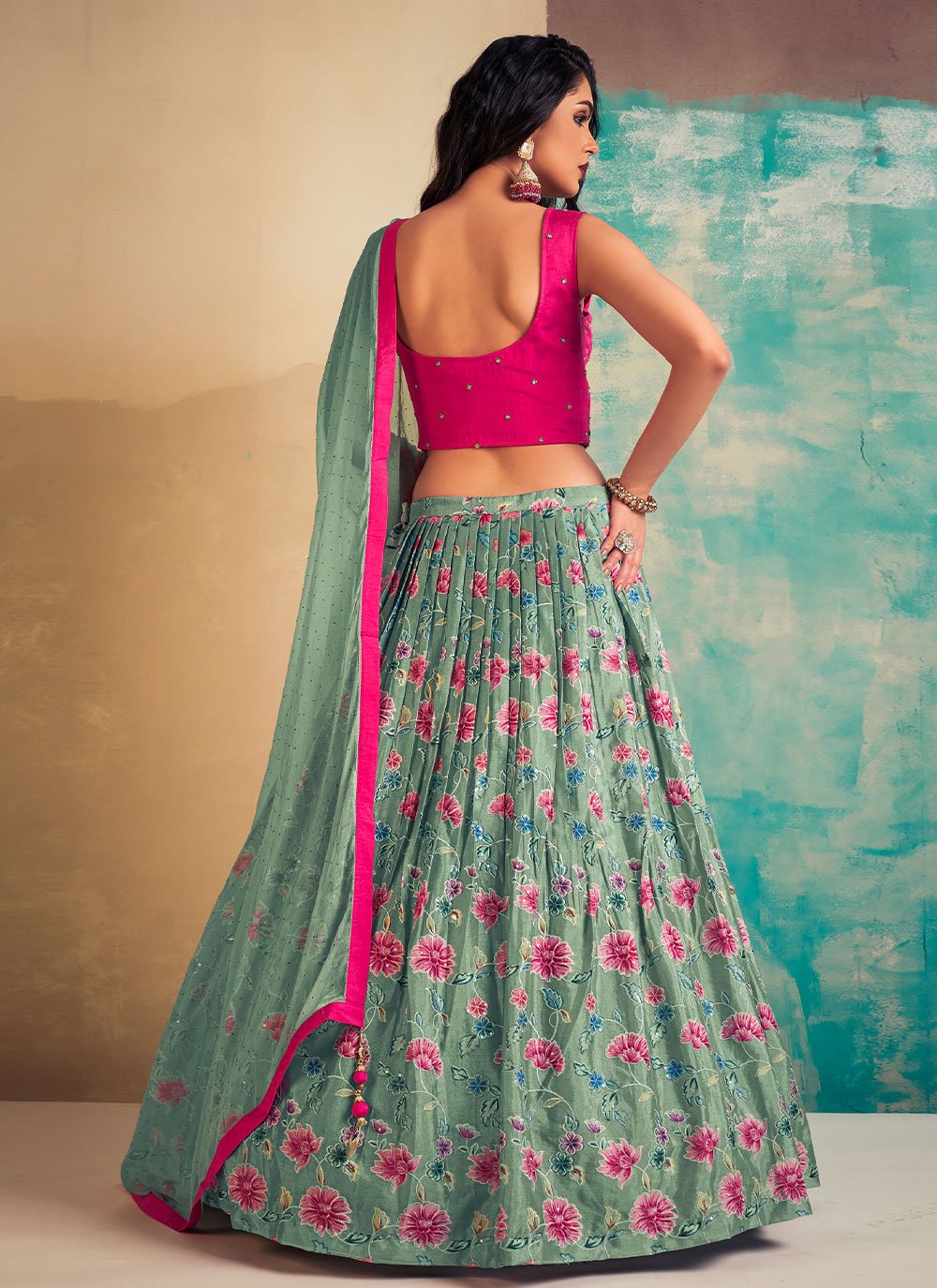 Lehenga Choli Chiffon Aqua Blue Pink Hand Work Lehenga Choli