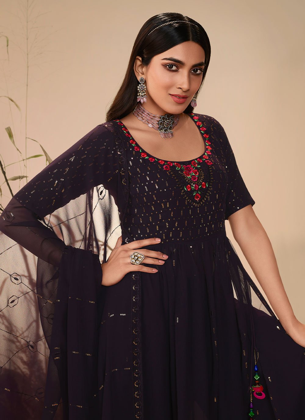 Salwar Suit Georgette Aqua Blue Purple Embroidered Salwar Kameez