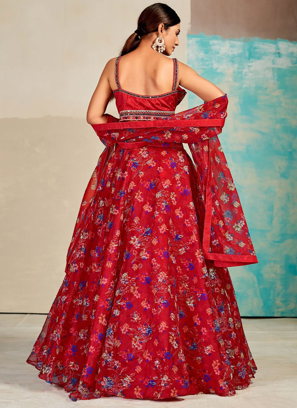 Lehenga Choli Organza Aqua Blue Red Digital Print Lehenga Choli
