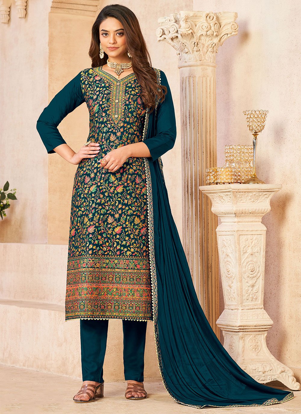 Pant Style Suit Pure Dola Aqua Blue Teal Diamond Salwar Kameez