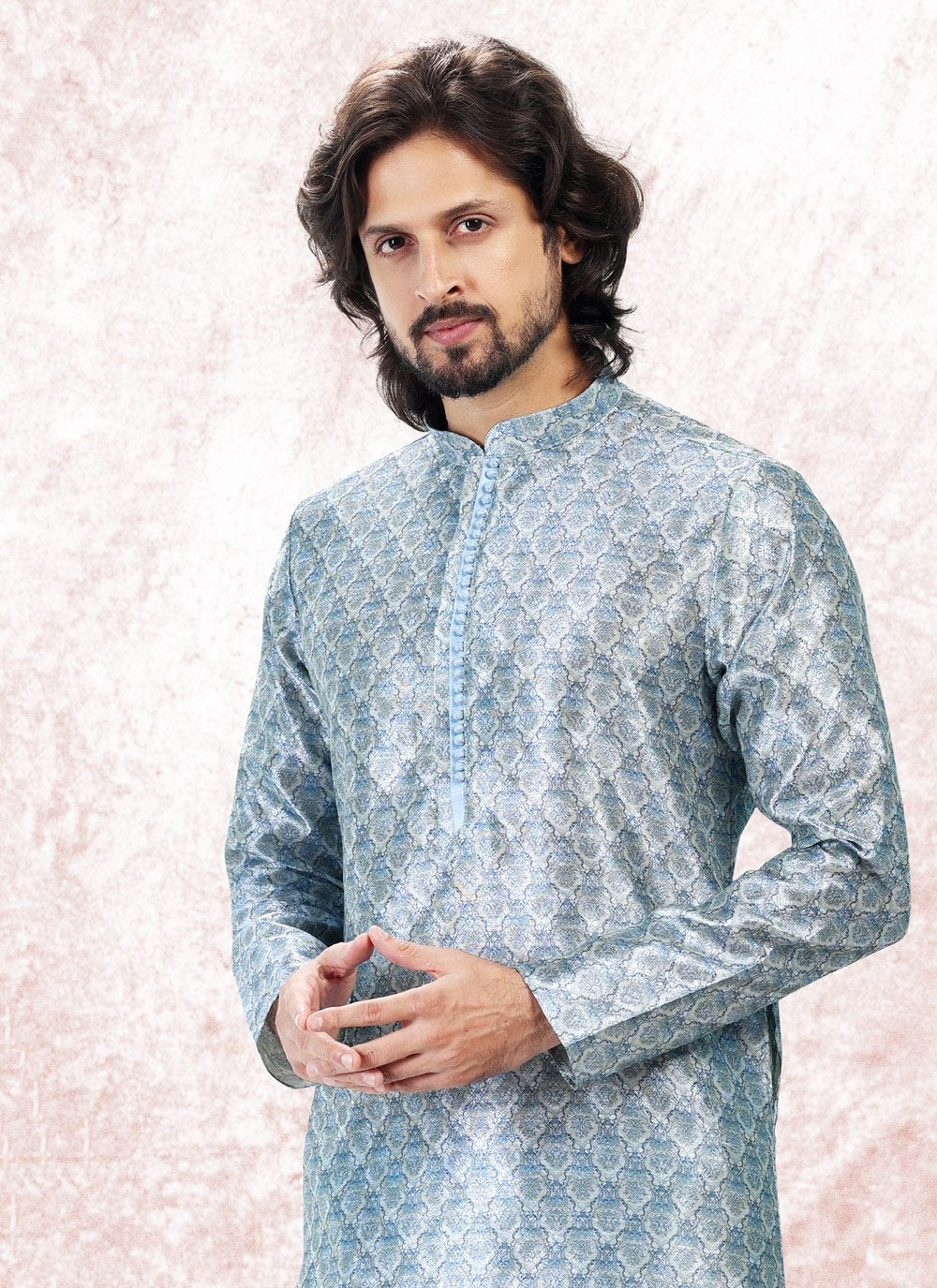 Kurta Pyjama Banarasi Jacquard Aqua Blue Fancy Work Mens