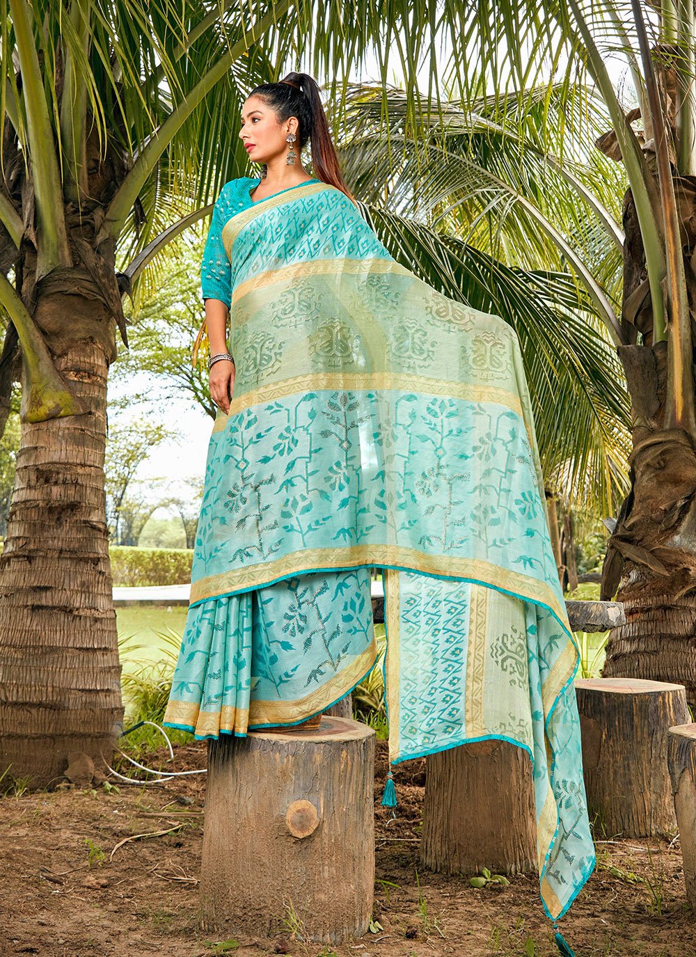 Classic Brasso Aqua Blue Fancy Work Saree