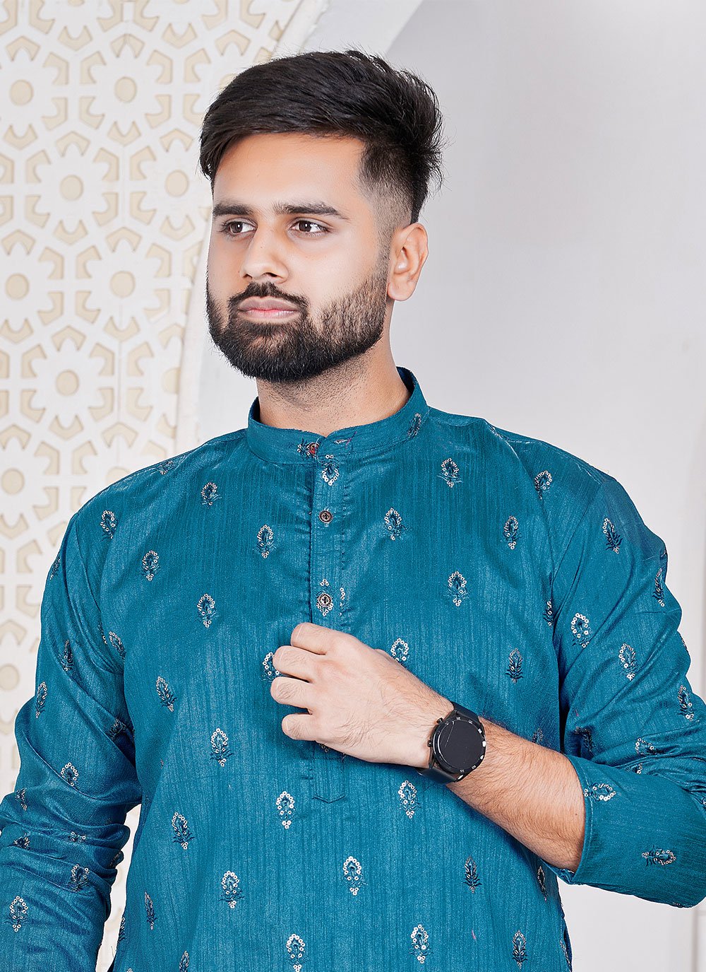 Kurta Banglori Silk Aqua Blue Embroidered Mens