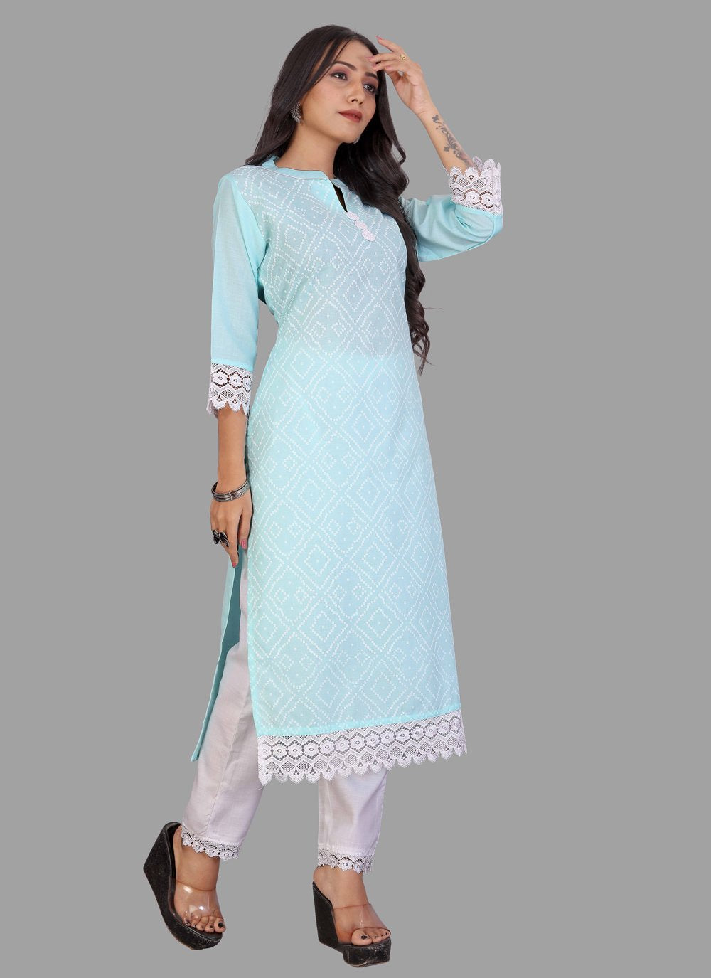 Designer Kurti Cotton Aqua Blue Embroidered Kurtis