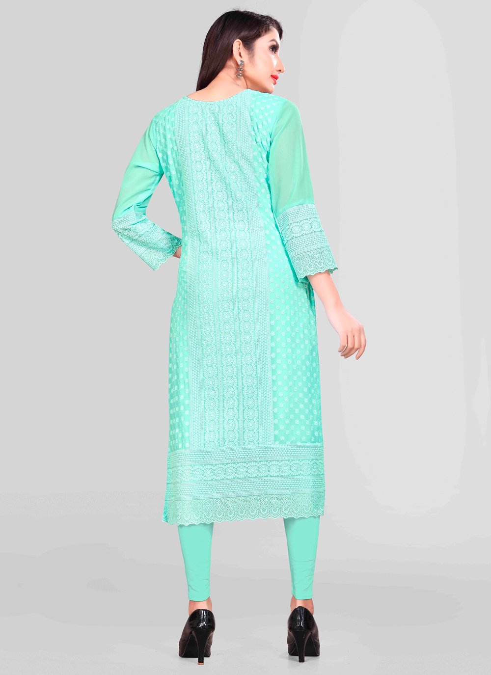 Designer Kurti Chiffon Georgette Aqua Blue Embroidered Kurtis