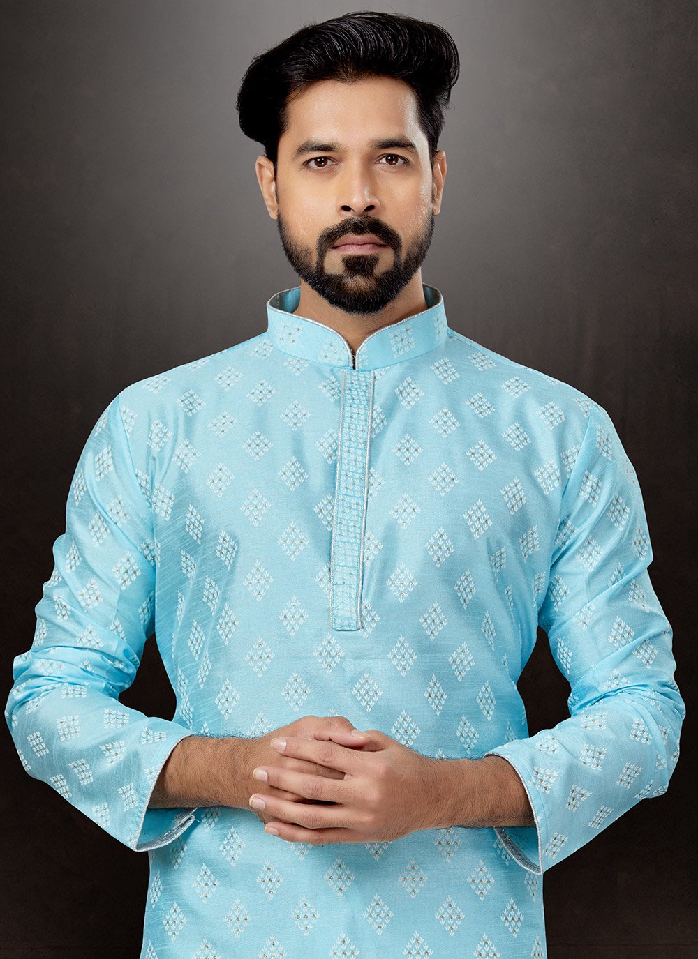 Kurta Pyjama Dupion Silk Aqua Blue Print Mens
