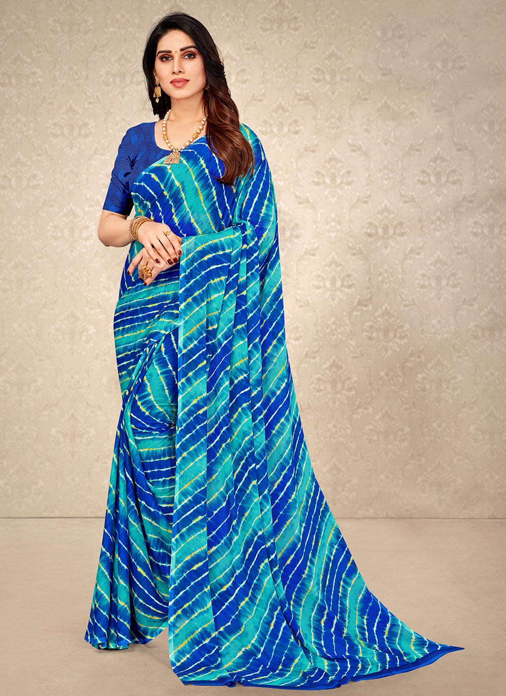 Classic Chiffon Aqua Blue Print Saree