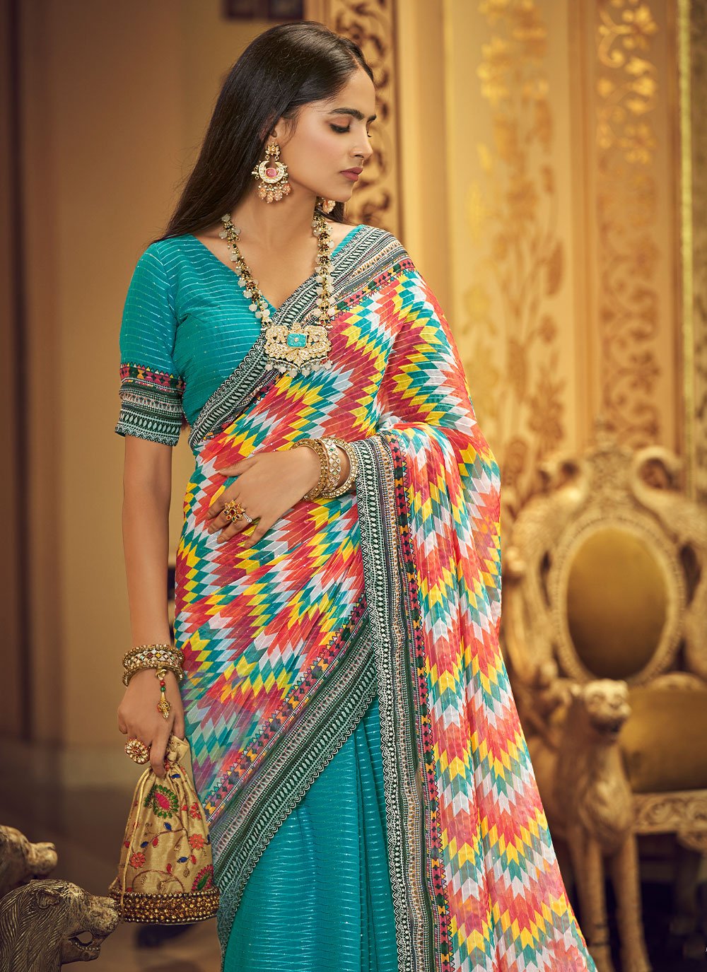 Contemporary Georgette Aqua Blue Print Saree
