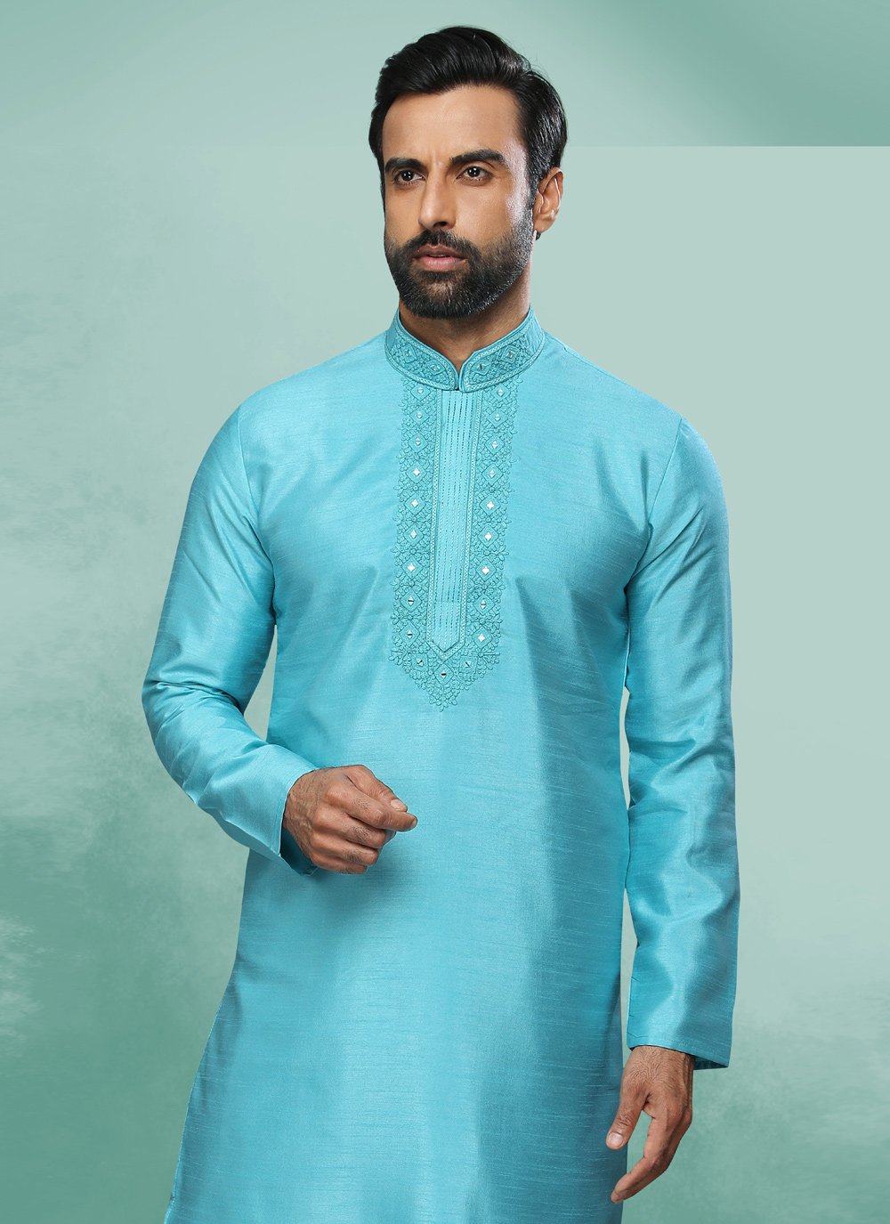 Kurta Pyjama Art Silk Aqua Blue Embroidered Mens