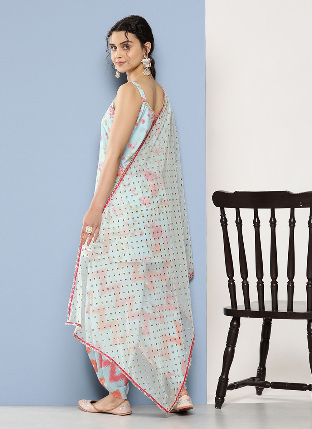 Party Wear Kurti Crepe Silk Aqua Blue Print Kurtis