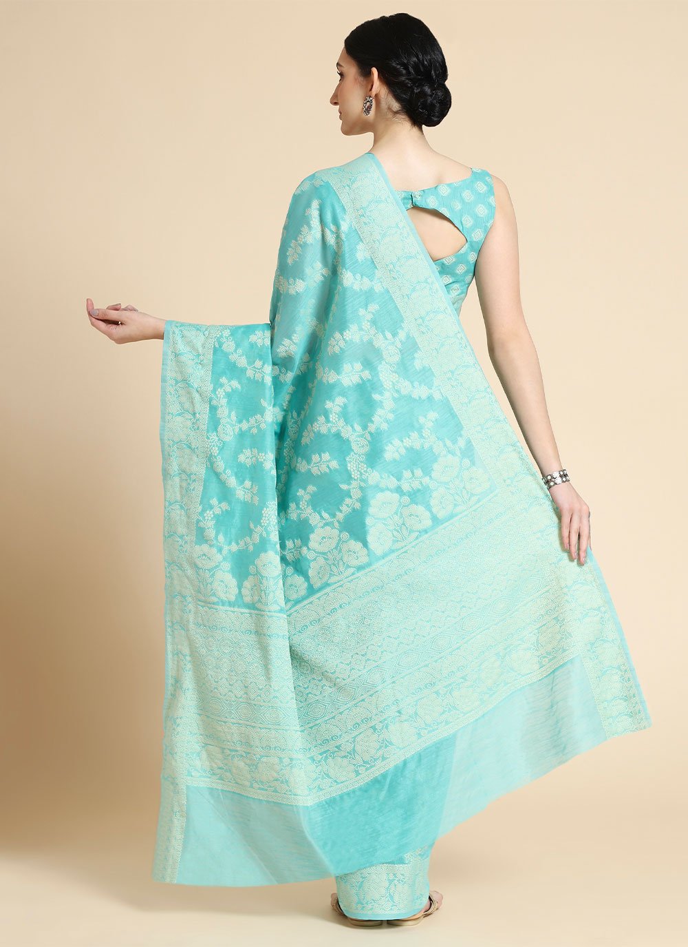 Contemporary Cotton Lucknowi Aqua Blue Chikankari Work Saree