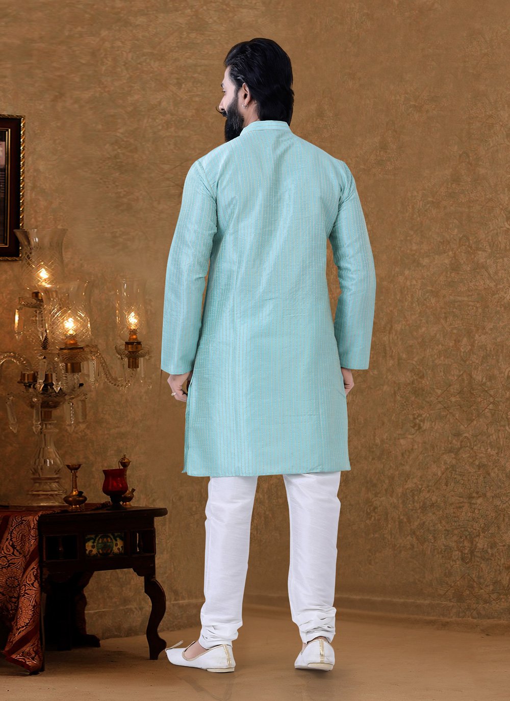 Kurta Pyjama Silk Aqua Blue Digital Print Mens