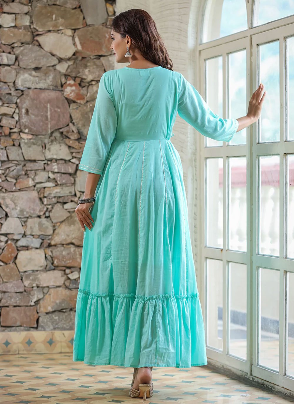 Gown Cotton Aqua Blue Embroidered Gown