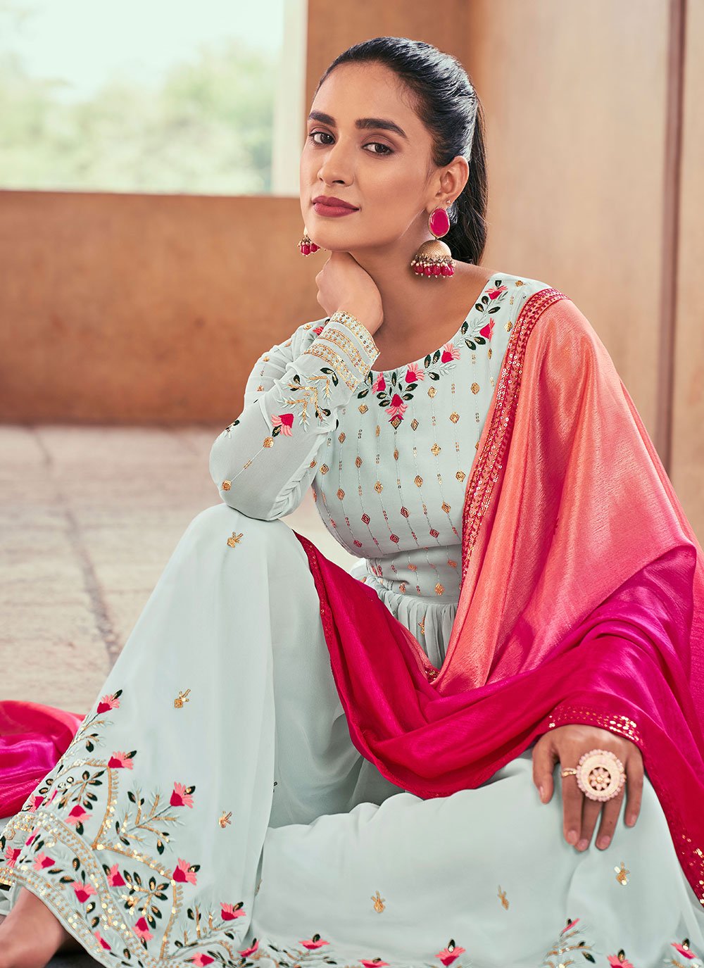 Salwar Suit Georgette Aqua Blue Embroidered Salwar Kameez