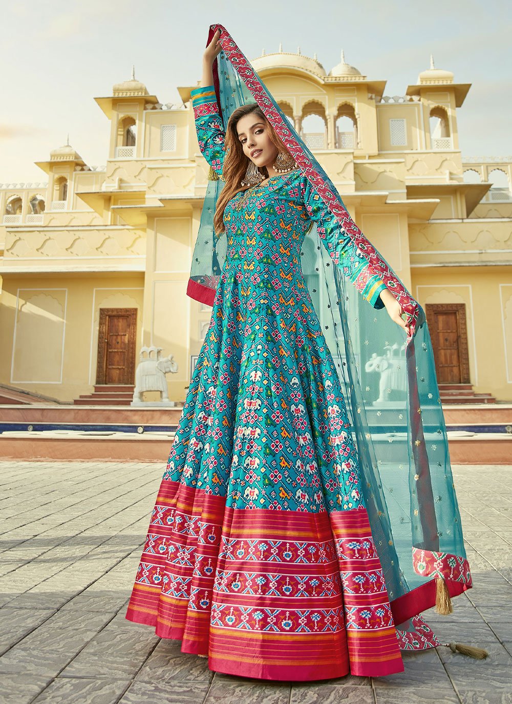 Gown Silk Aqua Blue Patola Print Gown