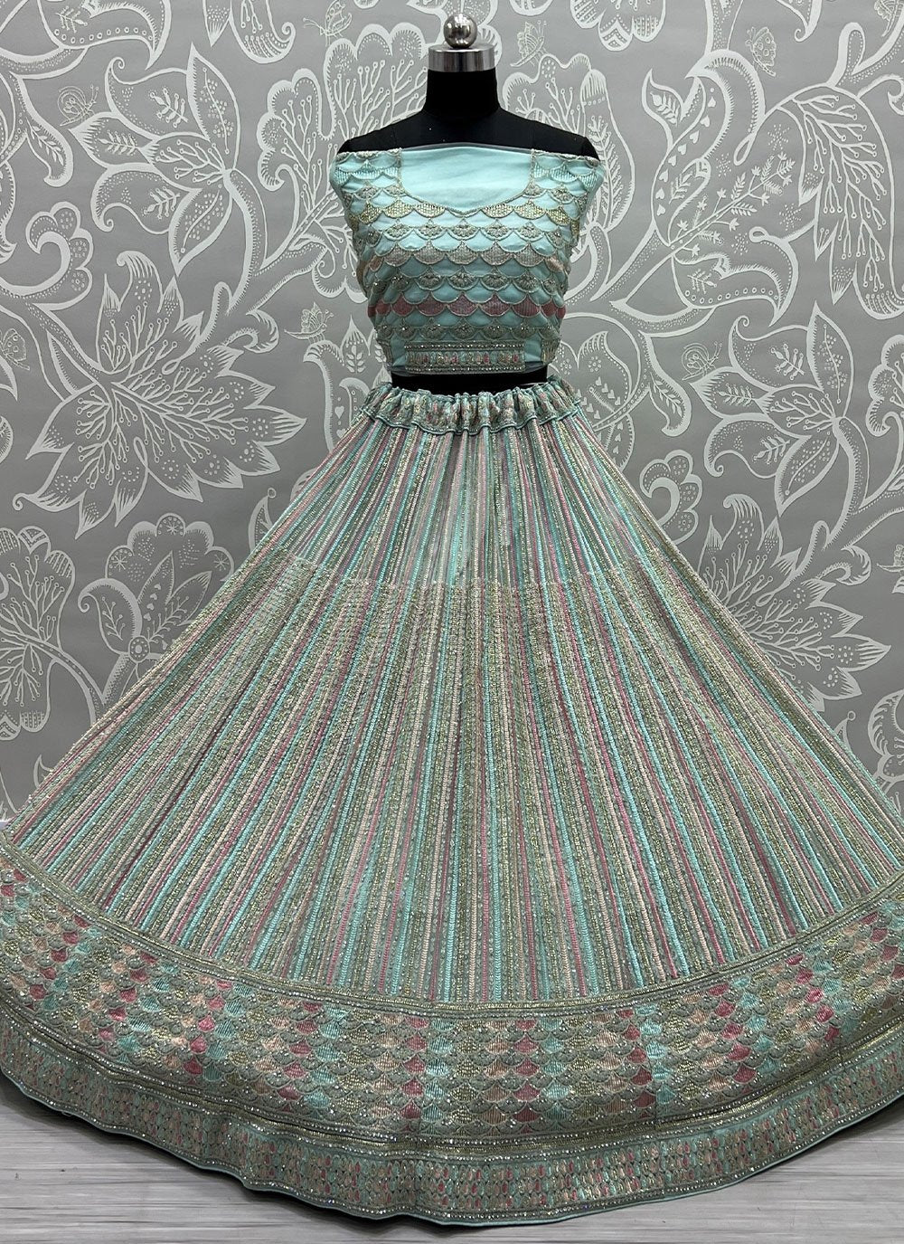Lehenga Choli Net Aqua Blue Embroidered Lehenga Choli