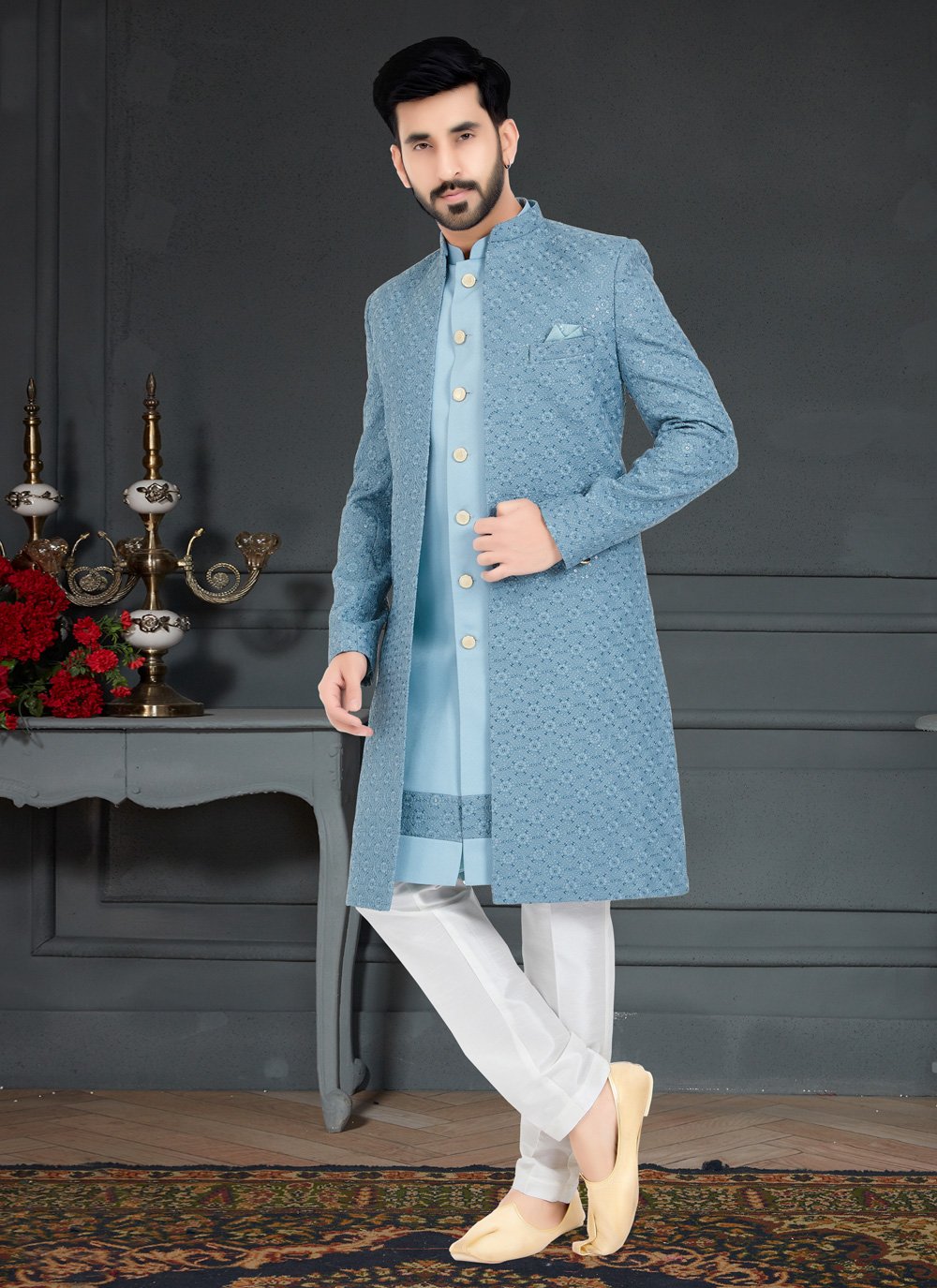 Indo Western Fancy Fabric Aqua Blue Embroidered Mens