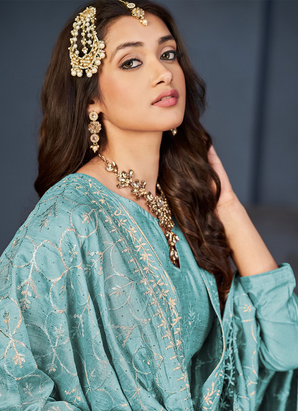 Salwar Suit Pure Dola Aqua Blue Diamond Salwar Kameez