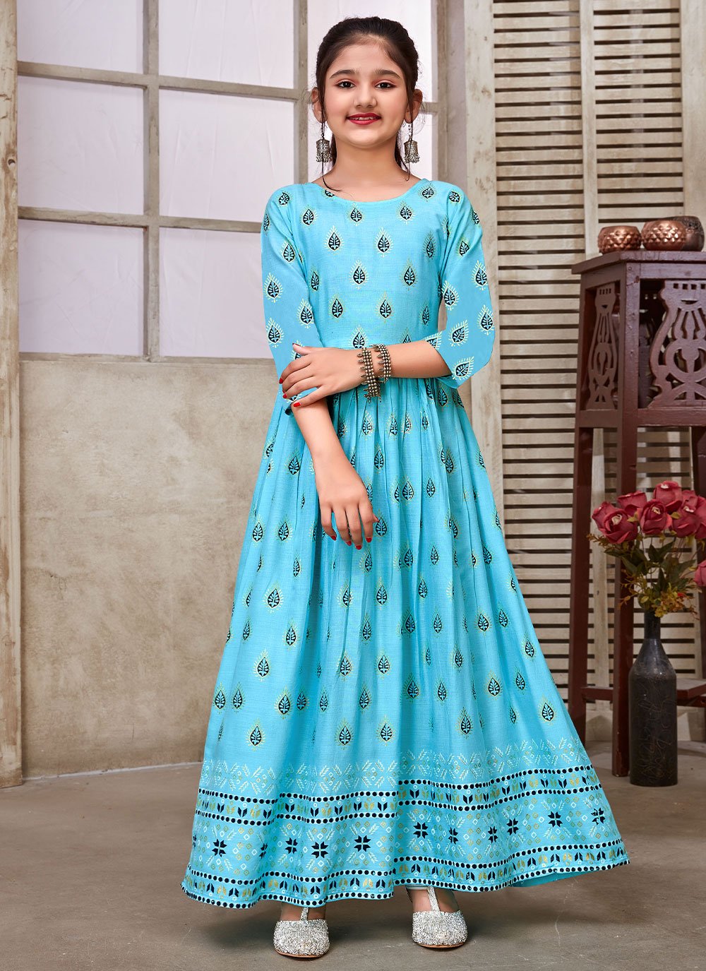 Gown Rayon Aqua Blue Foil Print Kids