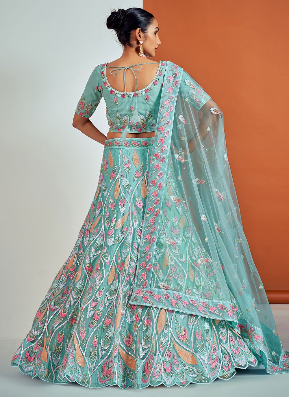 A Line Lehenga Georgette Aqua Blue Sequins Lehenga Choli