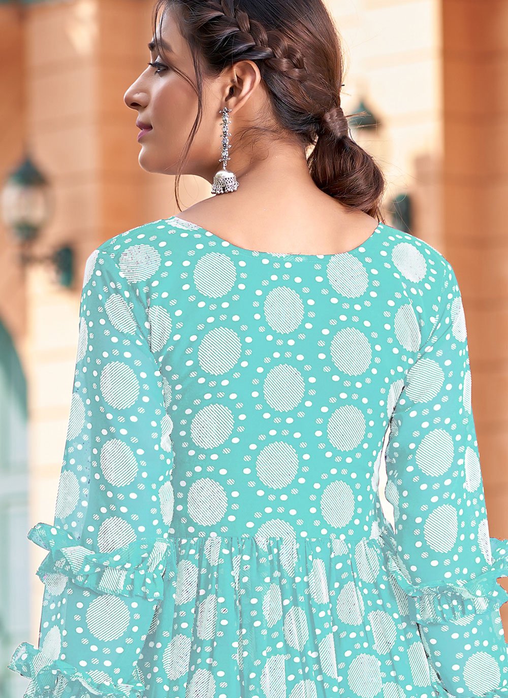 Gown Georgette Aqua Blue Print Gown