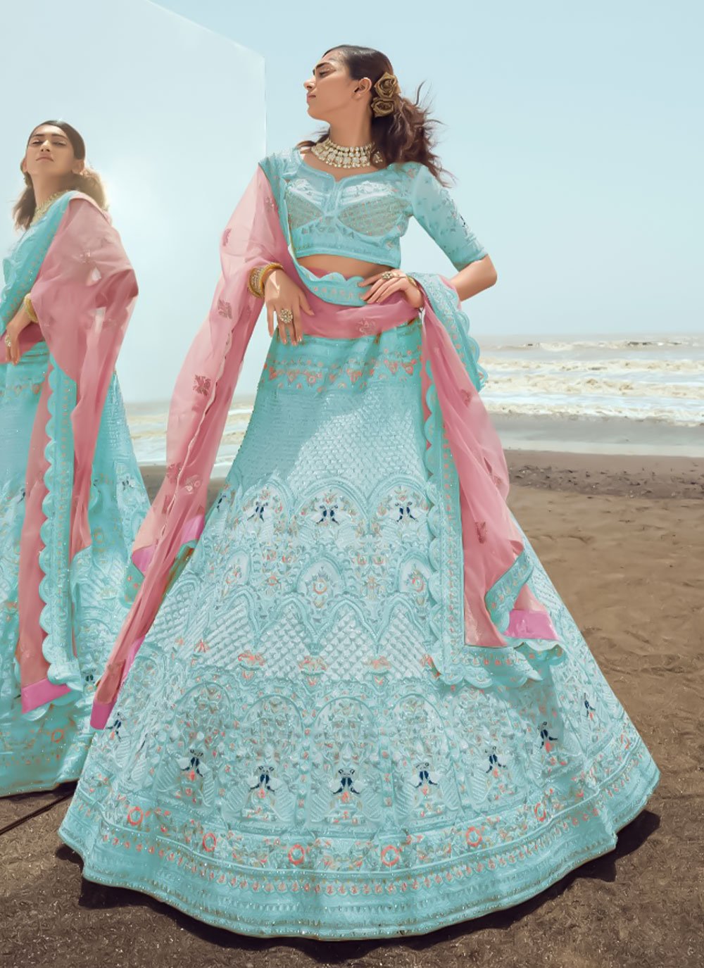 A Line Lehenga Georgette Aqua Blue Embroidered Lehenga Choli