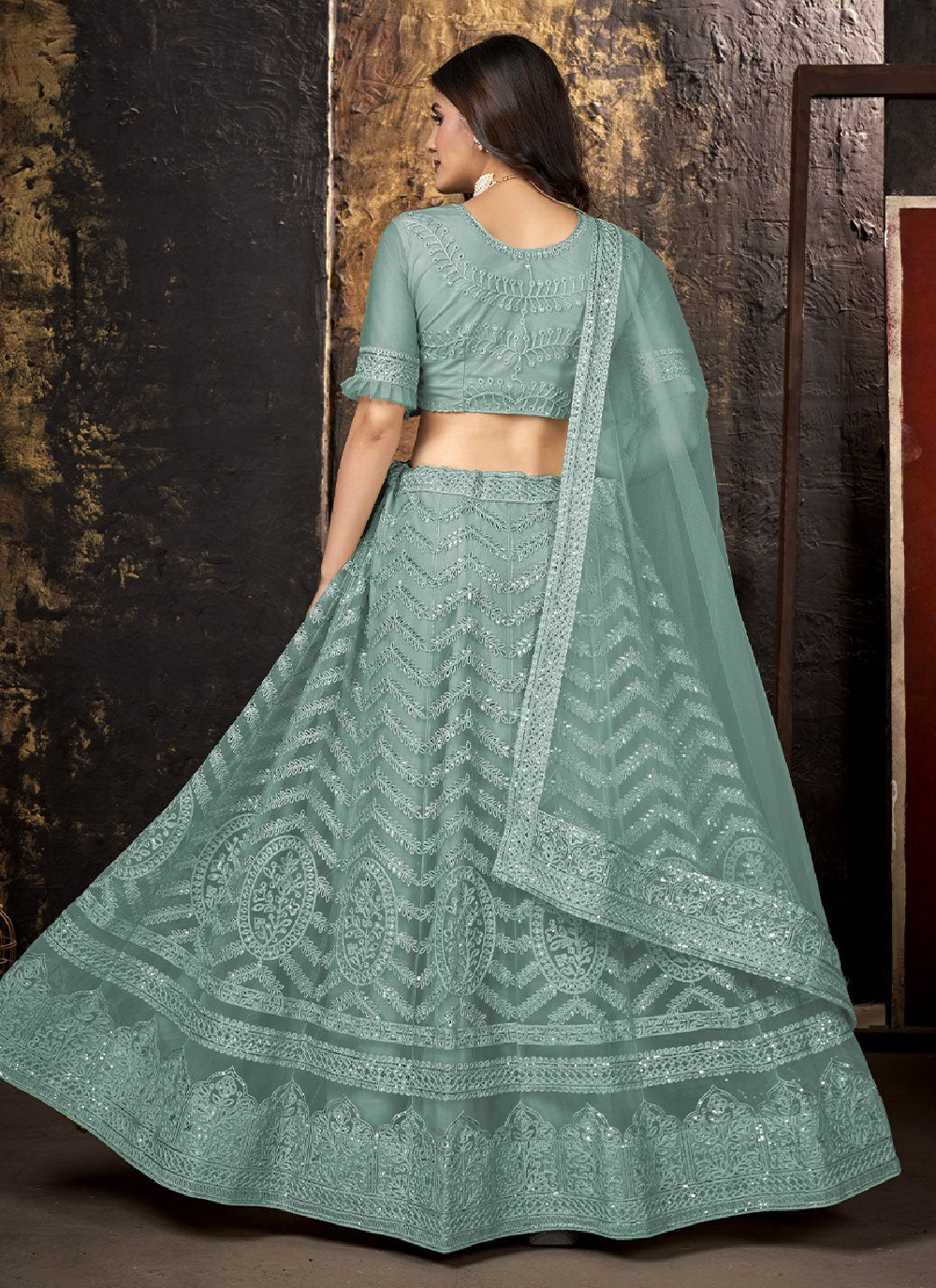 Lehenga Choli Net Aqua Blue Embroidered Lehenga Choli
