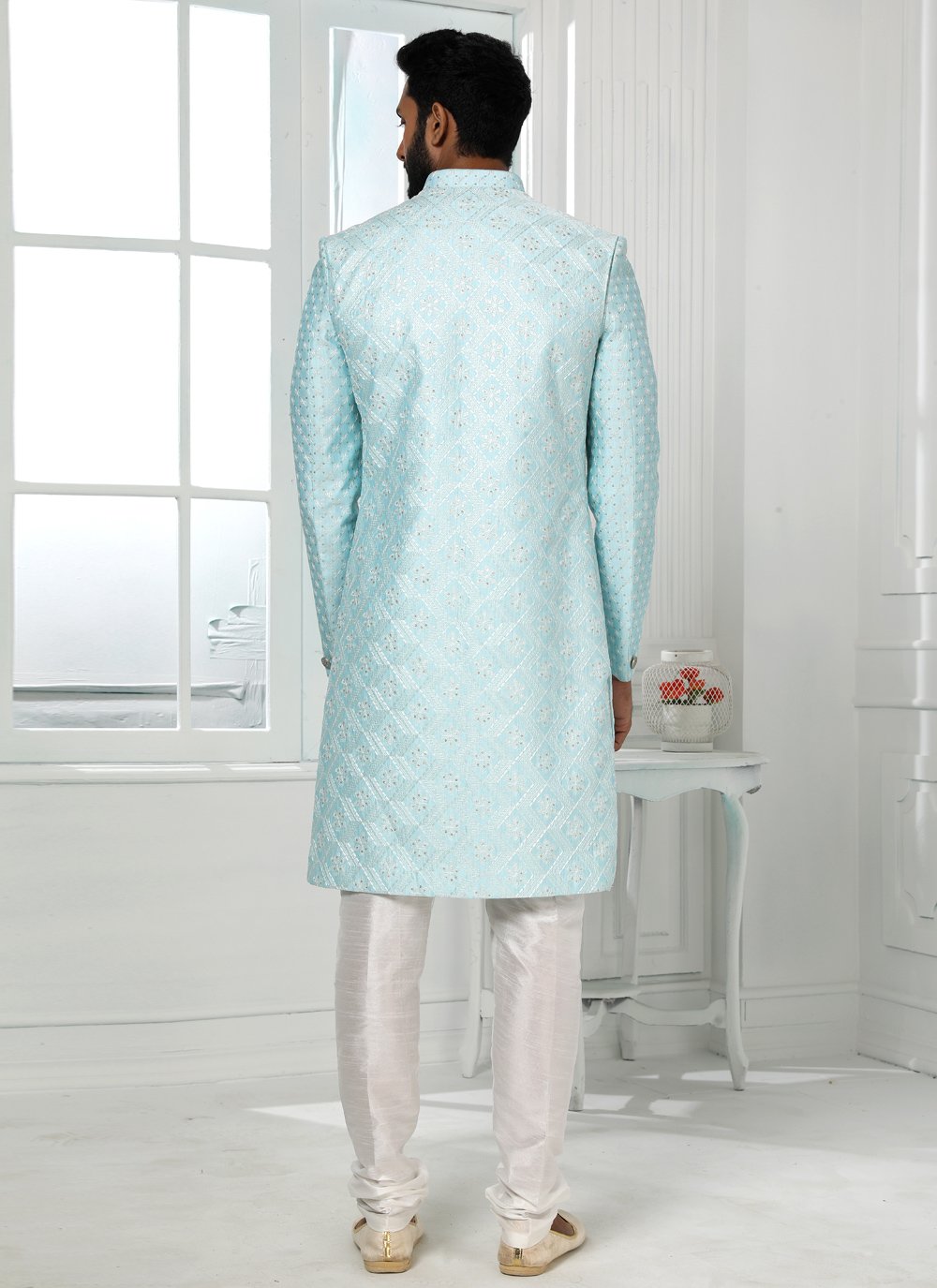 Indo Western Art Silk Aqua Blue Machine Embroidery Mens