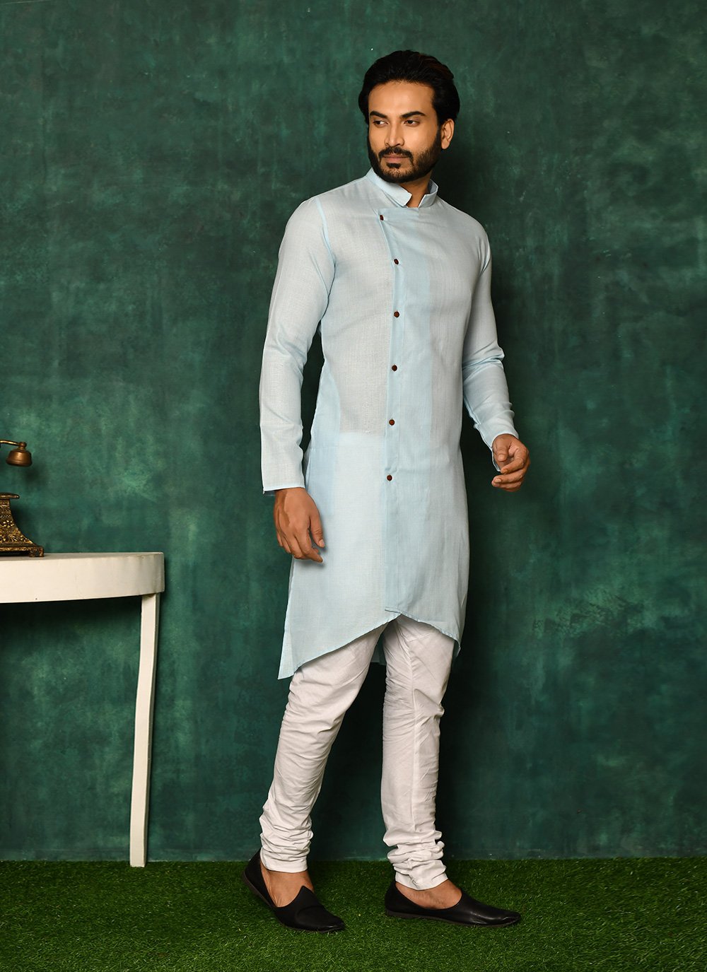 Kurta Pyjama Cotton Aqua Blue Plain Mens