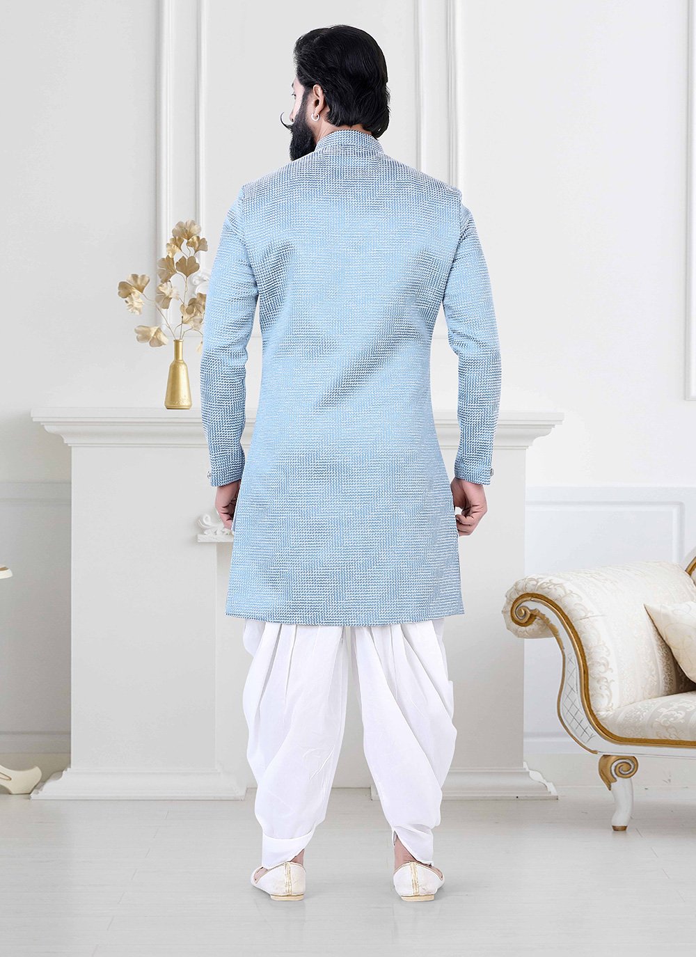 Indo Western Jacquard Silk Aqua Blue Woven Mens