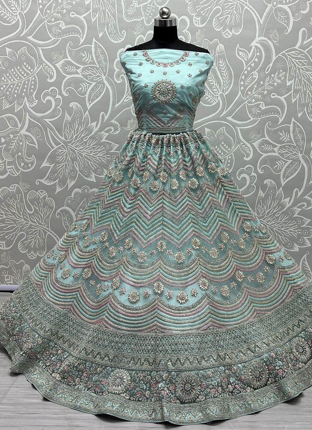 Lehenga Choli Net Aqua Blue Embroidered Lehenga Choli