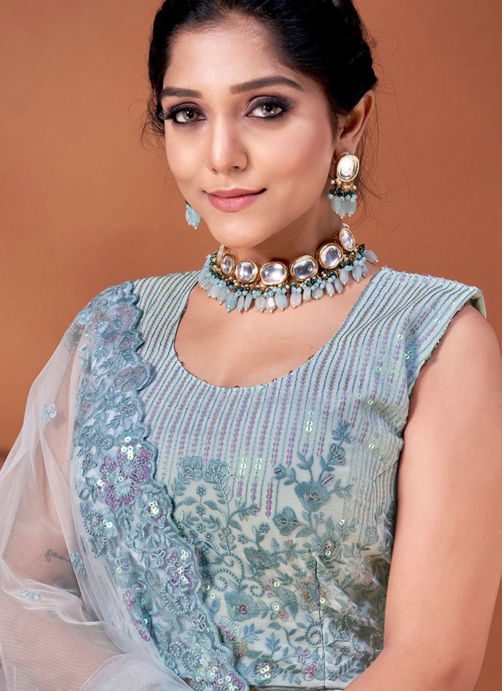 Lehenga Choli Net Aqua Blue Embroidered Lehenga Choli