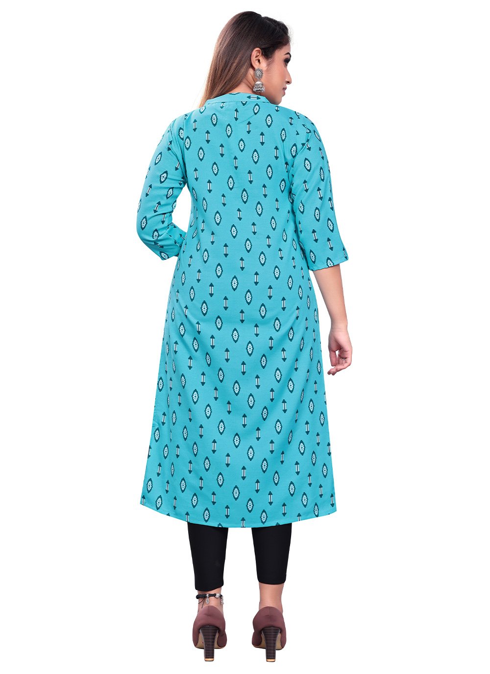 Party Wear Kurti Rayon Aqua Blue Print Kurtis