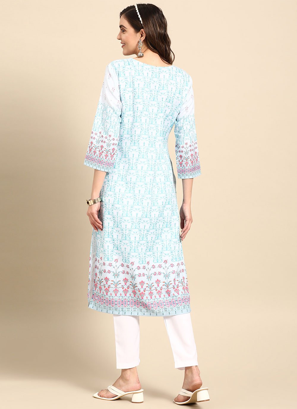 Designer Kurti Poly Rayon Aqua Blue Print Kurtis