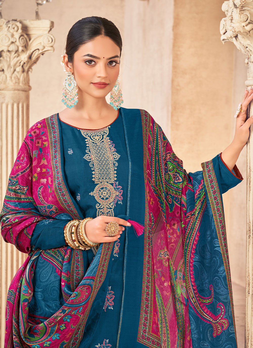 Pant Style Suit Jacquard Muslin Aqua Blue Embroidered Salwar Kameez