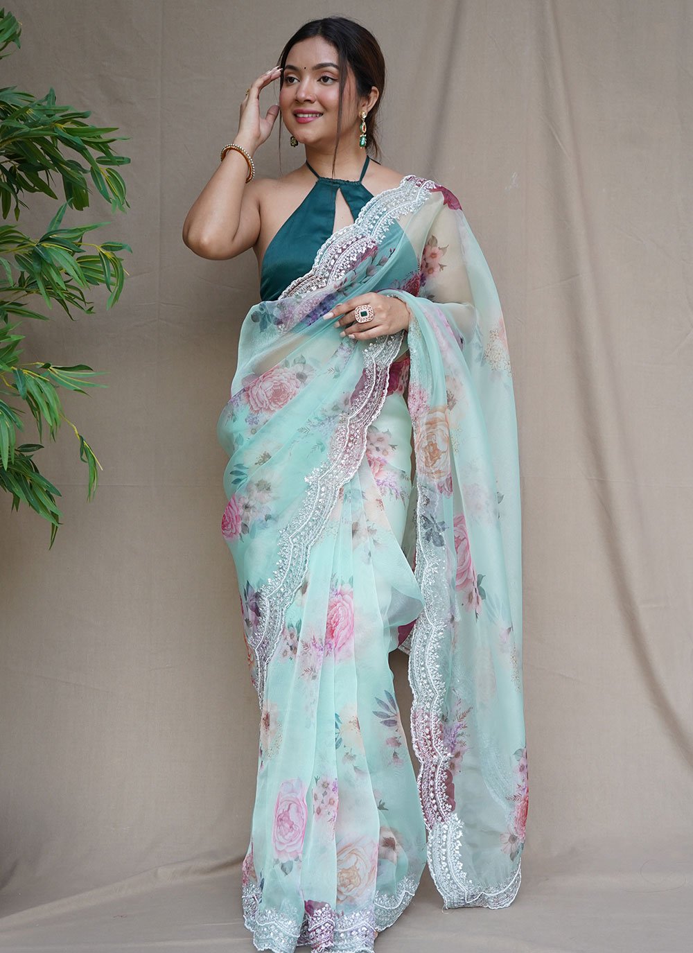 Classic Organza Aqua Blue Digital Print Saree